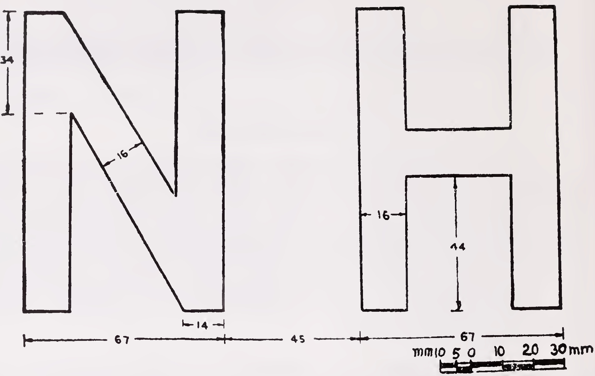 படம் -1: 100 மிமீ உயரத்தின் நிலையான கடிதங்கள் N மற்றும் H.