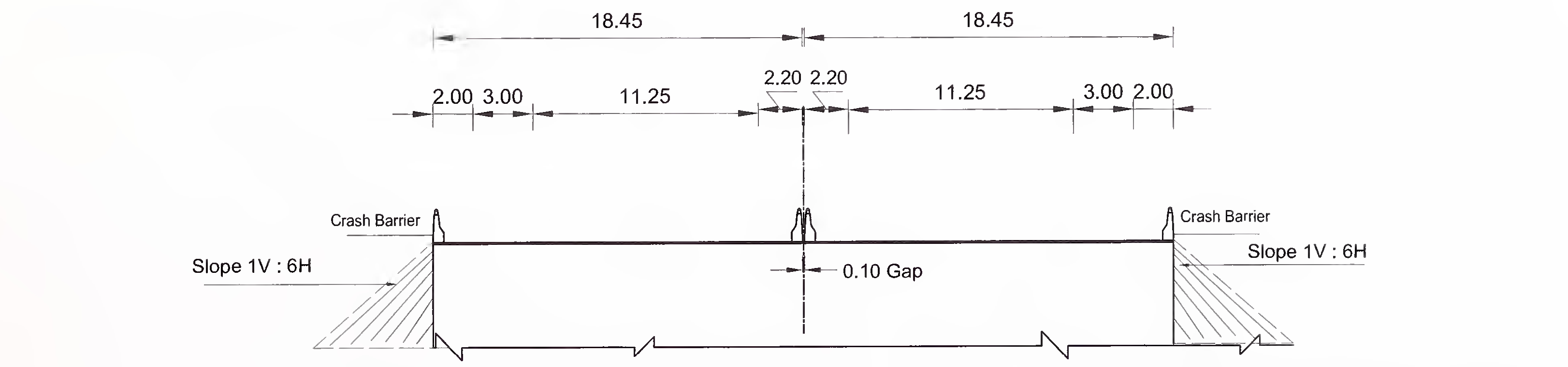 ਚਿੱਤਰ 6.4 (ਅ) ਫਲੈਸ਼ ਮੇਡਿਅਨ ਦੇ ਨਾਲ 6-ਲੇਨ (2 × 3) ਐਕਸਪ੍ਰੈਸ ਹਾਈਵੇ ਲਈ ਸਲੈਬ ਅਤੇ ਬਾਕਸ ਟਾਈਪ ਕੁਲਵਰਟ ਦਾ ਖਾਸ ਕਰਾਸ-ਸੈਕਸ਼ਨ