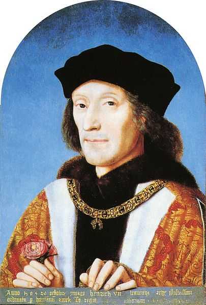 Henry VII holding a red rose, the symbol of the House of Lancaster