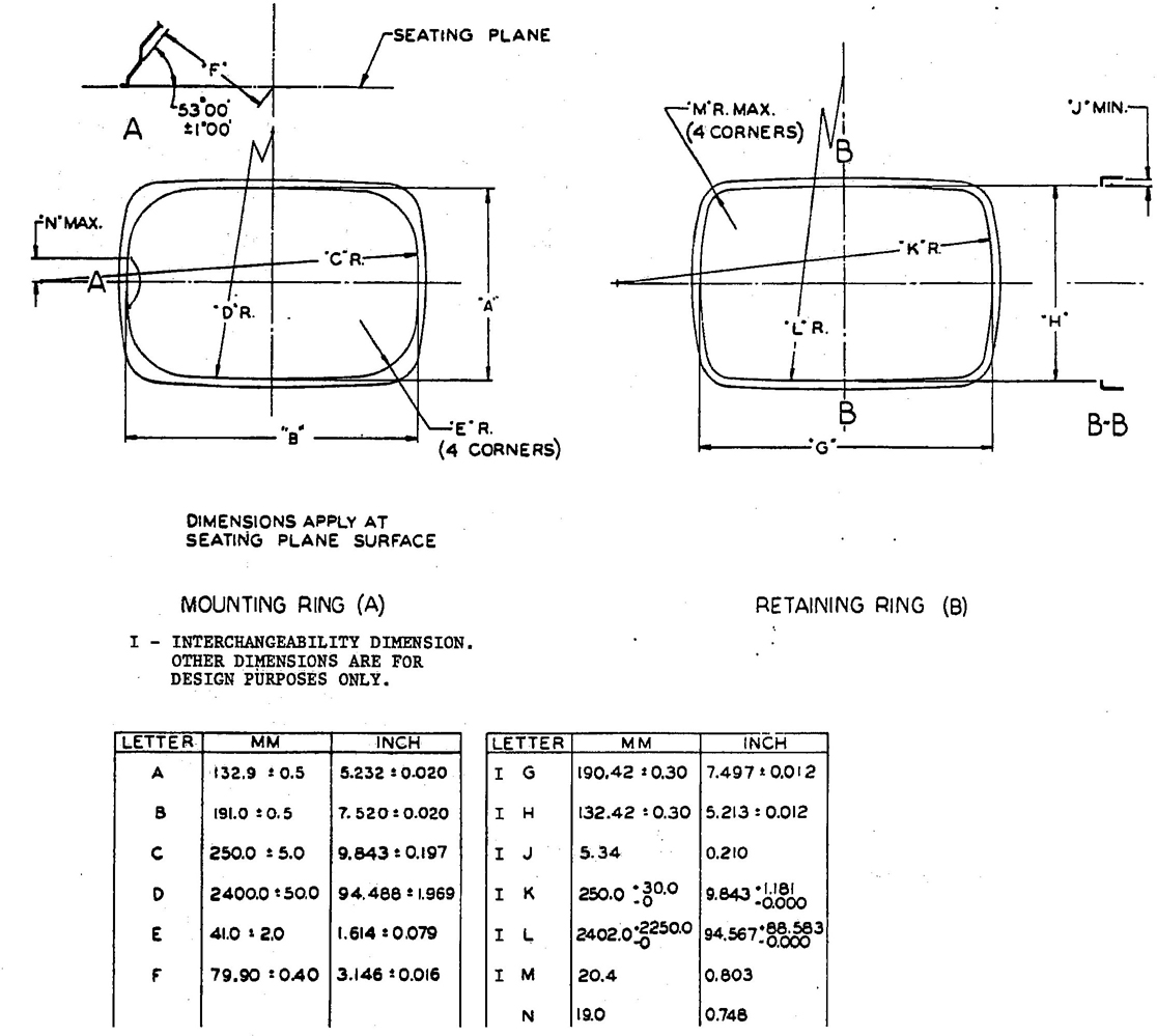 FIG. 14—(A) FRONT VIEW OF MOUNTING RING OR LAMP BODY FOR 142 × 200 mm RECTANGULAR HEADLAMP; (B) RETAINING RING